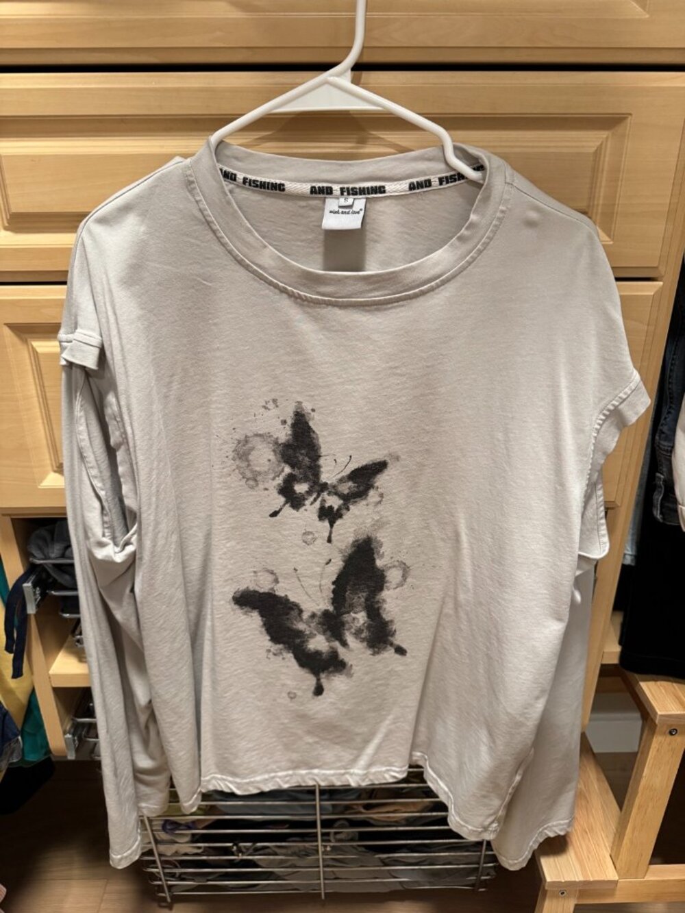 Gray Watercolor Butterfly Print Long Sleeve Tee — Size S